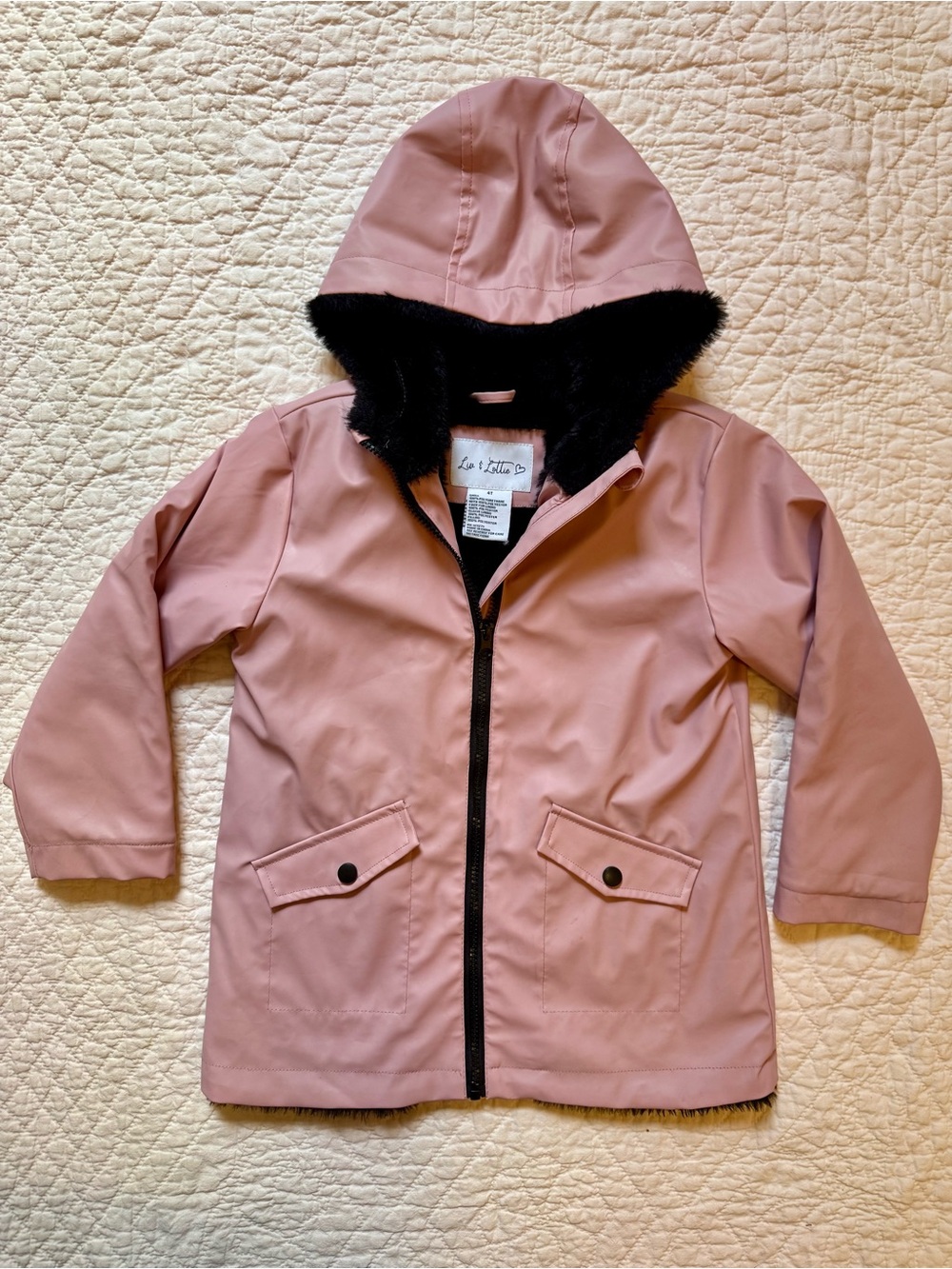 Liv & Lottie Dusty Pink Hooded Raincoat with Black Faux Fur Trim